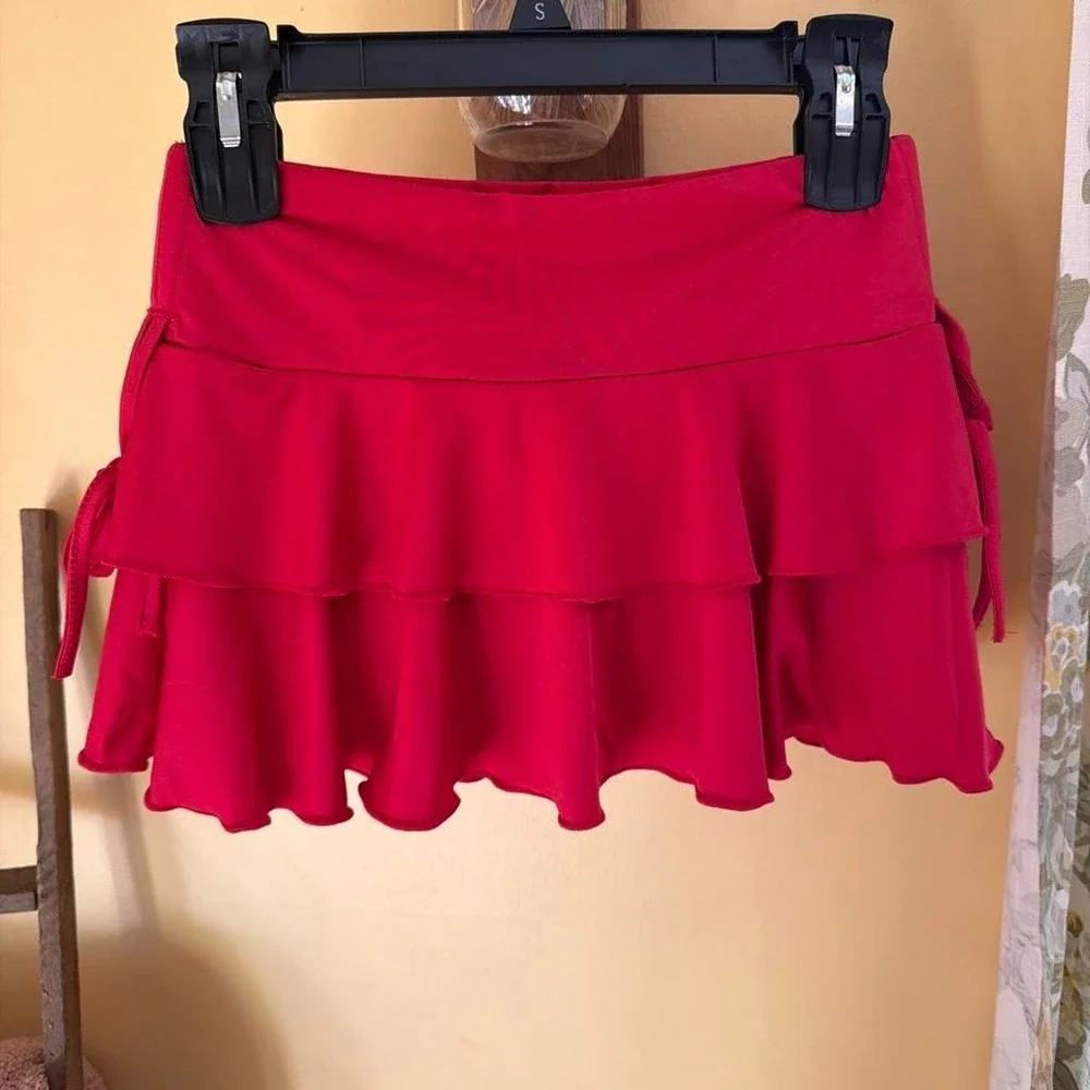Shein MOD Ruffled Mini Skort Womens Small Red NWT Tiered Side Tie Sz S/4